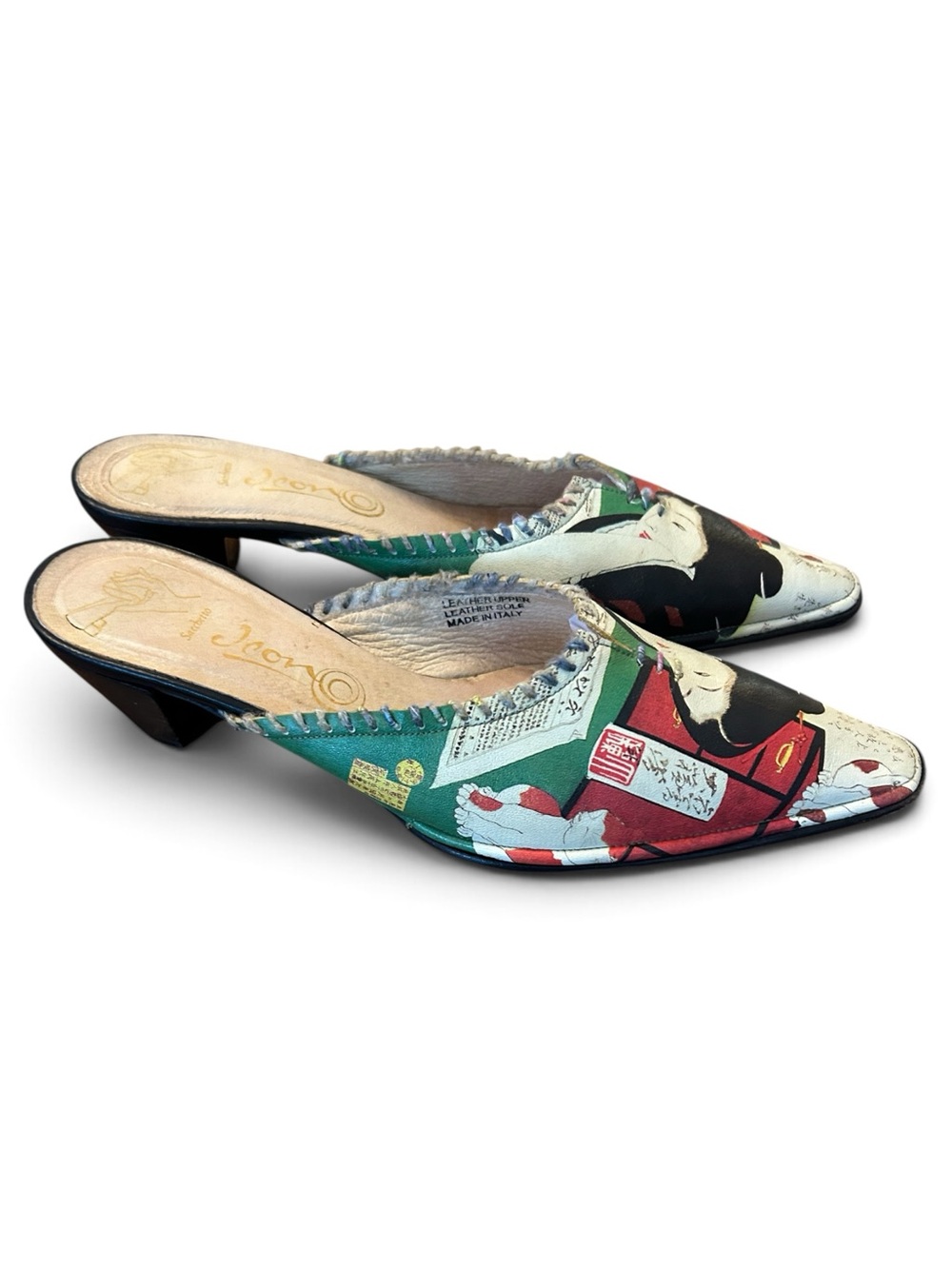 ICON  Vintage Multicolor Printed Leather Mule Kitten Heels, 51/2 made in Italy